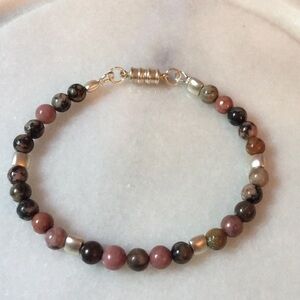 Handmade Pink rhodonite and silver wired beaded bracelet/anklet